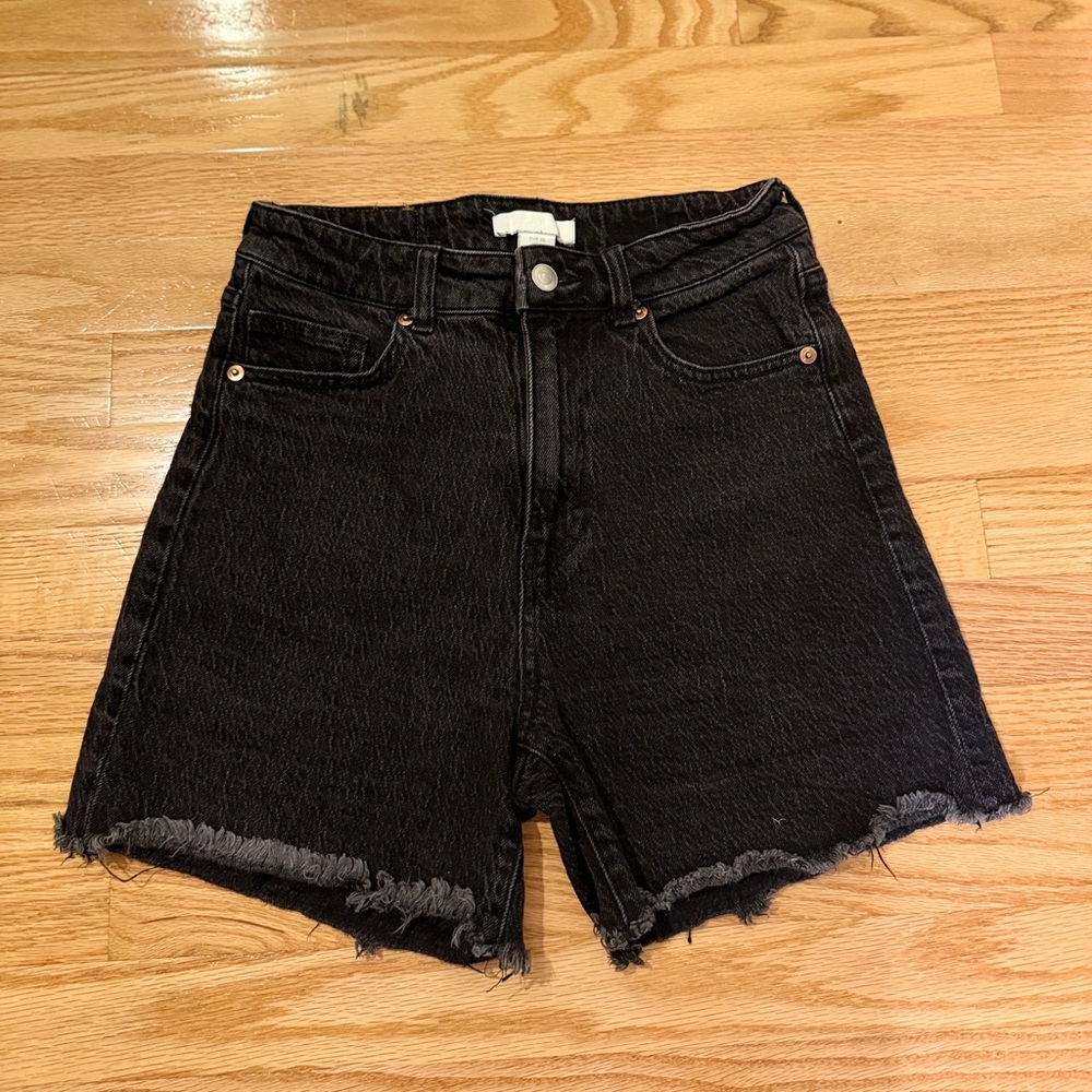 H&M High Rise Black Denim Distressed Jean Shorts